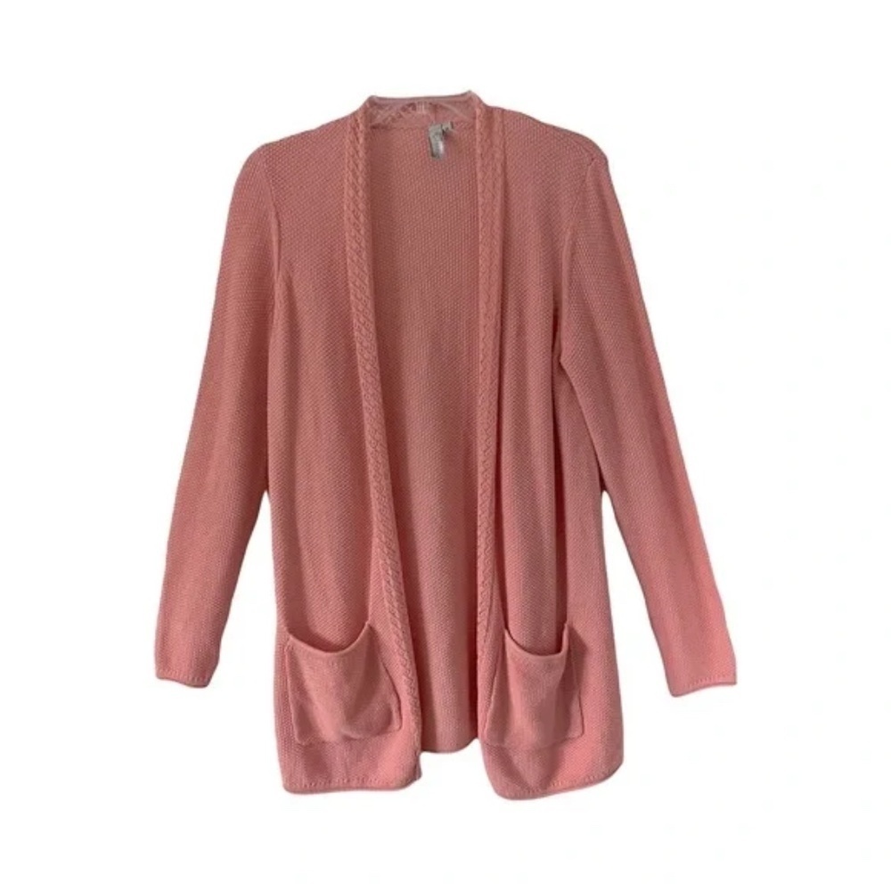 Sahalie | Peach Open Front Long Sleeve Linen Blend Boyfriend Cardigan, Small
